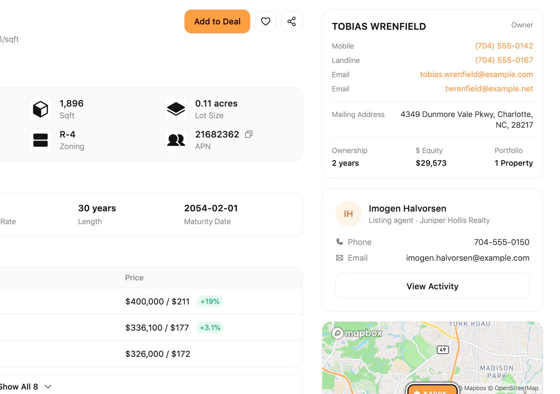 Property owner contacts beside the mortgage and sale history, shown with sample data